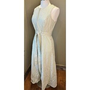 Ann Mashburn Full Zip Sleeveless Green/Cream Belted Pocket Midi Dress L 100% Cot